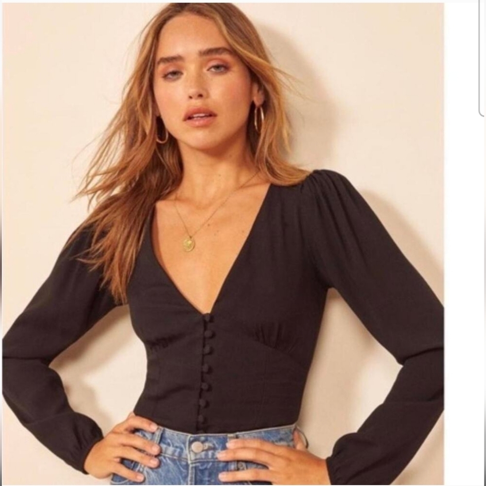 Reformation Black V-Neck Button-Up Blouse
